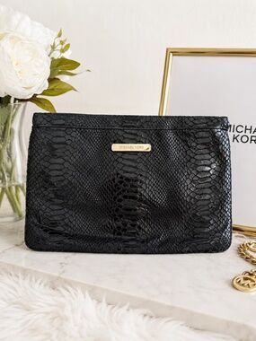 Michael Kors Black Snakeskin Embossed Envelope Clutch Gold Hardware